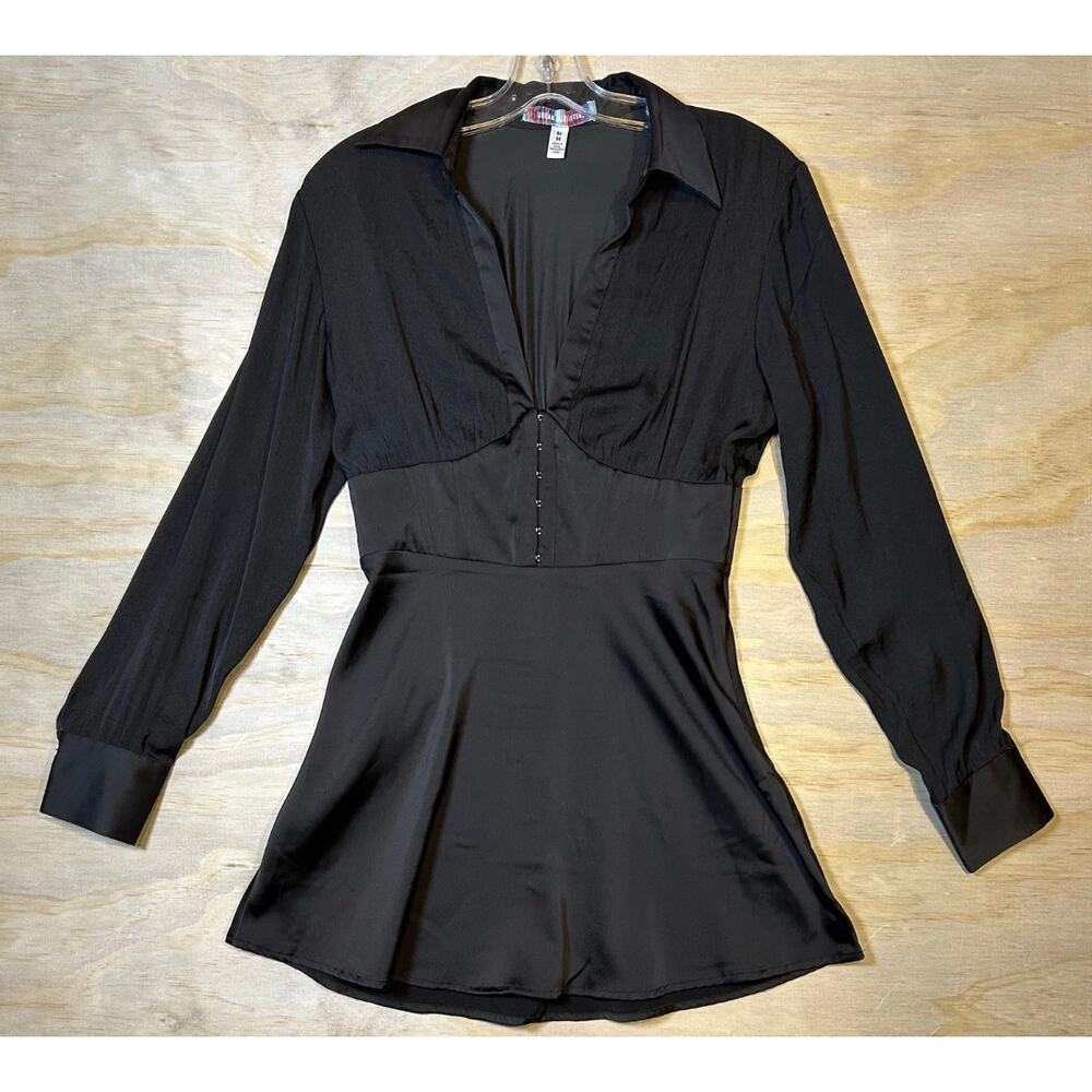 Urban Outfitters UO Black Satin Corset Hook & Eye Romper Long Sleeve Medium